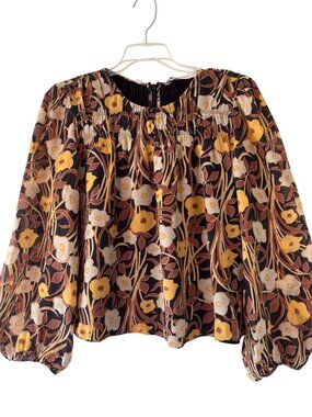Rebecca Taylor Daphne Fleur Floral Blouse Yellow & Brown Cotton Silk